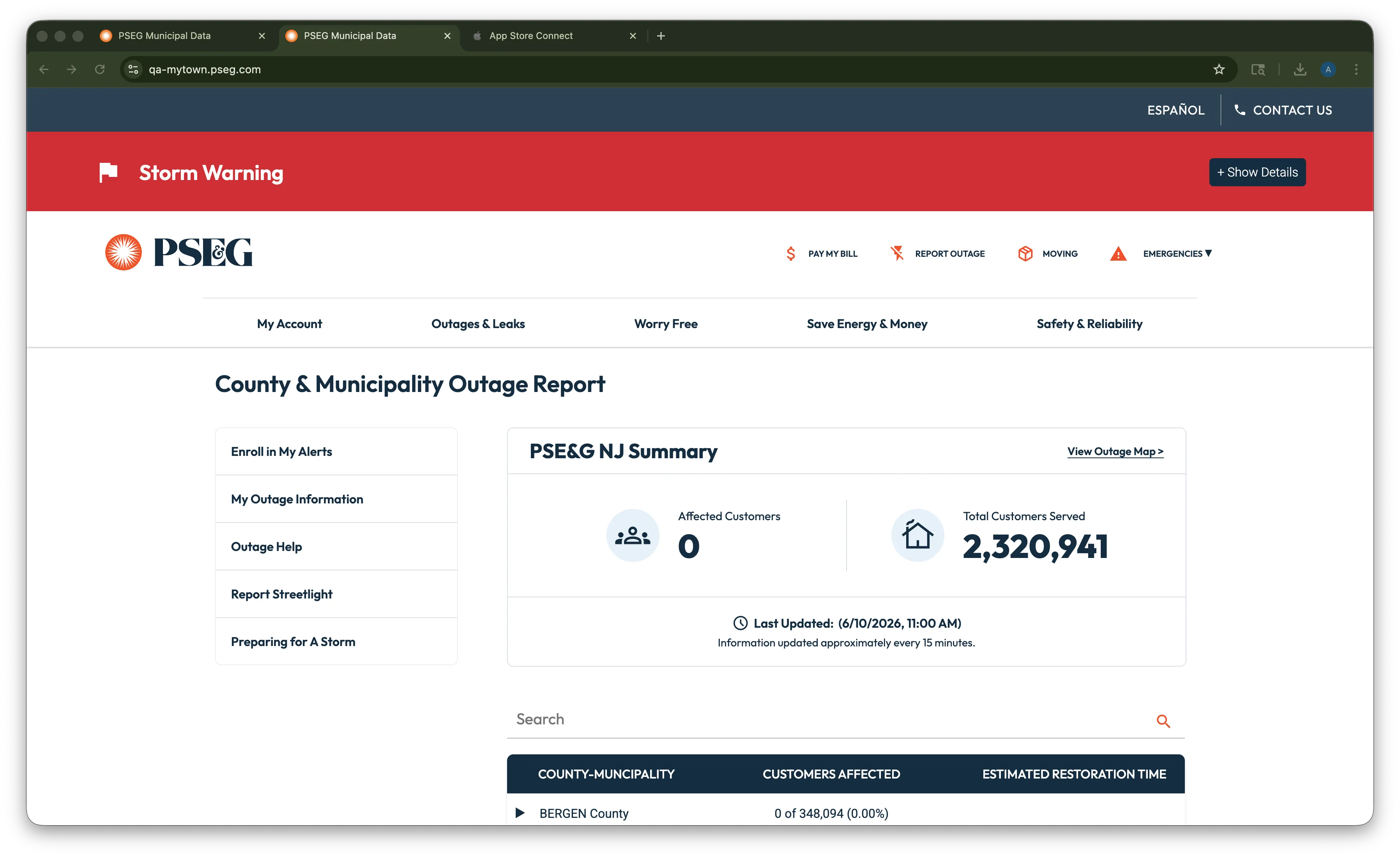 QA preview of the new storm-aware dashboard — qa-mytown.pseg.com